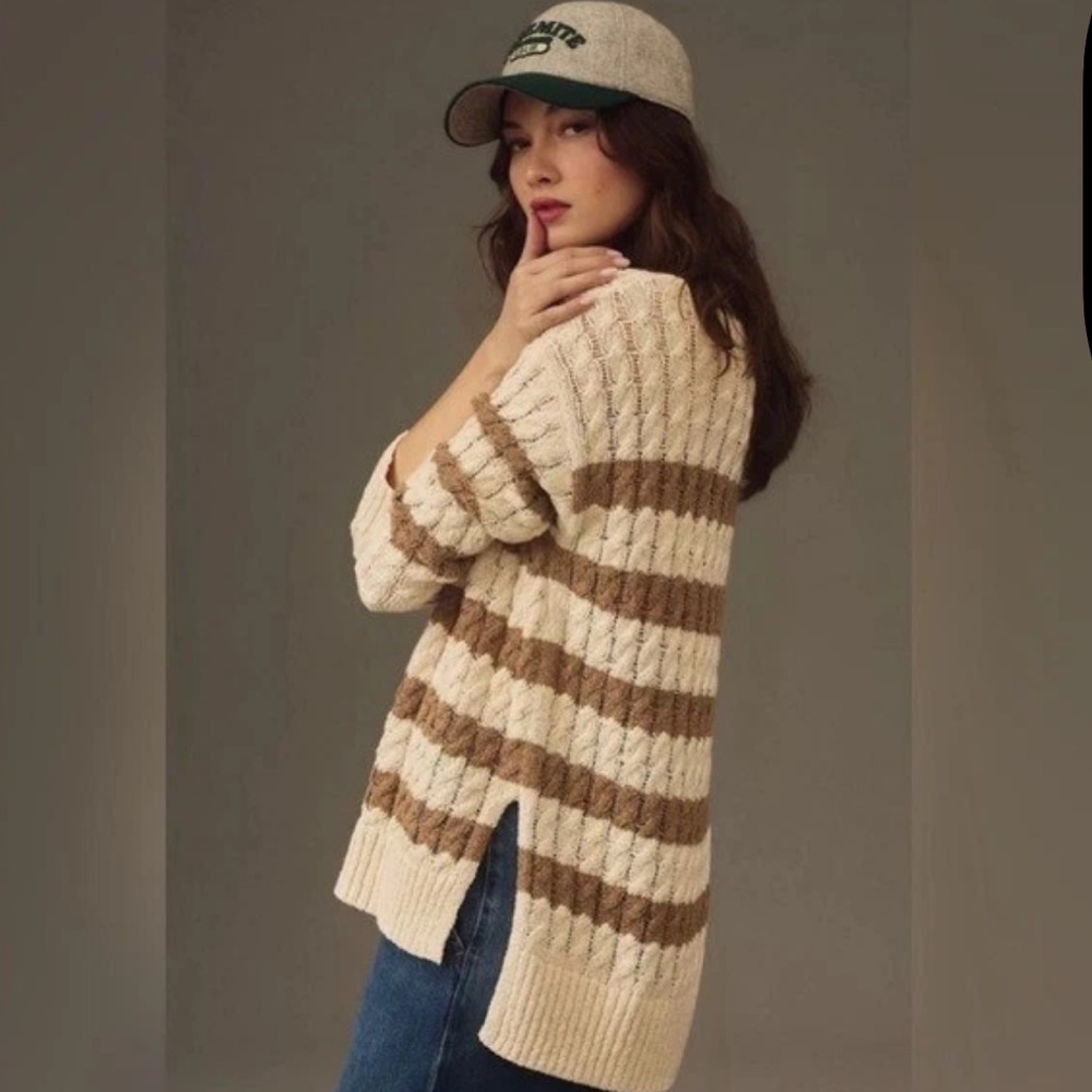 Anthropologie Pilcro Sweater Striped Cream Brown Cable Knit Oversized size‎ XS